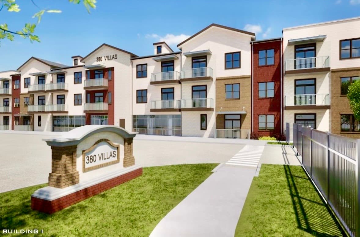 Rendering of the 380 Villas multifamily community in McKinney, Texas, with its entry monument sign