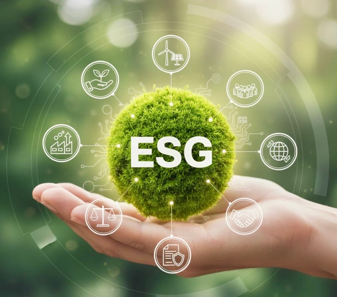 A hand holding a moss globe marked ESG, ringed by icons for renewable energy, community, governance and sustainability.